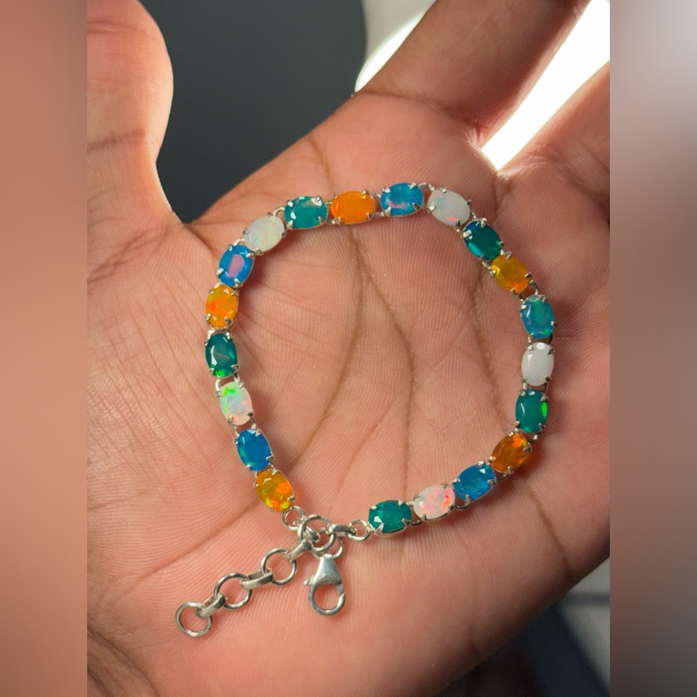 925 Sterling Silver Ethiopian Opal Bracelet – 8.2” Adjustable, Multicolor